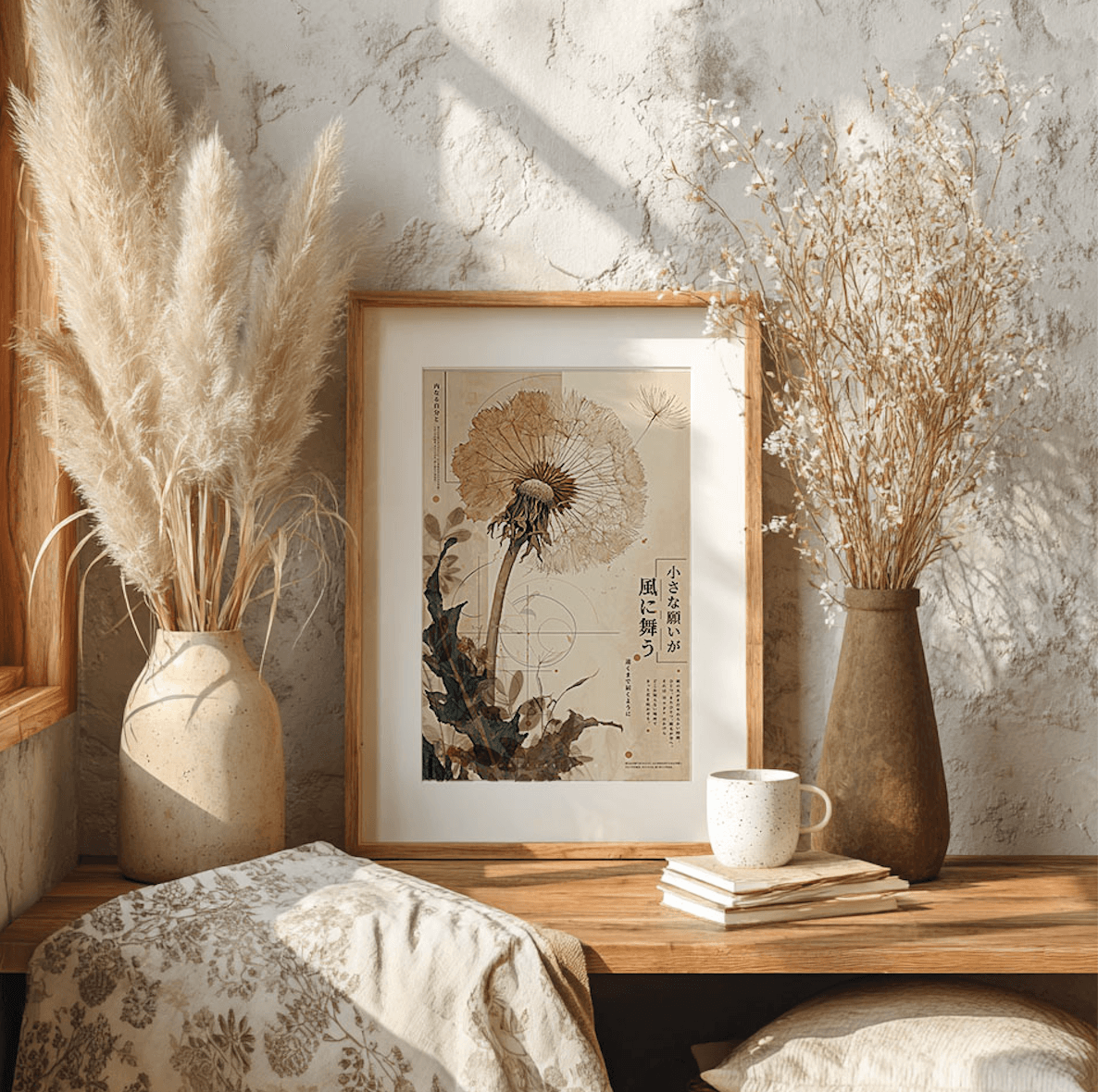 Styled product photograph of a framed art print in a calm interior